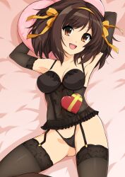 00s armpits arms_behind_head ass black_garter_straps black_panties black_thighhighs box breasts brown_eyes brown_hair candy chocolate chocolate_heart female food garter_straps hairband haruhisky heart heart-shaped_box highres large_breasts lingerie looking_at_viewer lying on_back on_bed orange_hairband panties short_hair solo string_panties suzumiya_haruhi suzumiya_haruhi_no_yuuutsu thighhighs thong underwear underwear_only