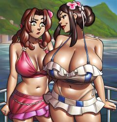 2024 2girls aerith_gainsborough angry annoyed big_breasts bikini bikini_skirt black_hair breast_envy breasts breasts_bigger_than_head brown_hair cleavage clothed collarbone cowboy_shot curvy duo female female_only final_fantasy final_fantasy_vii final_fantasy_vii_rebirth final_fantasy_vii_remake flower frilled_bikini front_view green_eyes hair_bun hair_flower hair_intakes hair_ornament huge_breasts large_breasts lipstick looking_at_breasts meme midriff mother_daughter_boob_envy_(meme) multiple_girls navel outdoors ph pink_bikini red_eyes red_lipstick seaside shiny_skin sidelocks smile smug sweatdrop thick_thighs tifa_lockhart voluptuous