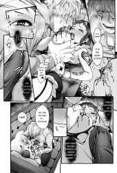 1boy 1girls big_breasts blush breast_grab breast_sucking breasts_out breath bulge canon_genderswap chocolate chocolate_on_breasts comic dialogue donquixote_rosinante doujinshi english_text erect_clitoris erection erection_under_clothes female garter_straps genderswap_(mtf) hard_translated heart-shaped_pupils larger_male licking_lips maid_headdress maid_uniform male monochrome nipple_licking on_back one_piece panties rule_63 shiofuu shounen_jump size_difference smaller_female smile sofa speech_bubble tattoo tattoos trafalgar_law trafalgar_law_(female) translated valentine's_day