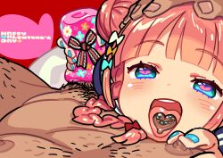 1boy 1girls absurdres anko_(himukai_yuuji) artificial_vagina blue_eyes blue_nails blue_serafuku bluhs blush braid candy chocolate chocolate_on_tongue clothed_female_nude_male female food hair_bun hand_on_another's_head handjob handjob_w/sex_toy happy_valentine heart heart-shaped_chocolate heart-shaped_pupils highres himukai_yuuji light-skinned_female light-skinned_male light_skin looking_at_viewer male_pov nipple_stimulation nipple_tweak nude open_mouth orange_hair original pov school_uniform serafuku sex_toy smile straight symbol-shaped_pupils tongue tongue_out