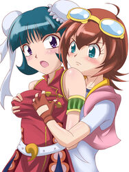 2girls amano_madoka angry beyblade blush breast_envy breast_grab breasts brown_hair clothing fully_clothed goggles goggles_on_head green_eyes groping groping_from_behind hair_bun medium_breasts mei_mei_(beyblade) metal_fight_beyblade nipple_bulge open_mouth purple_eyes short_hair small_breasts surprised takappe teal_hair yuri