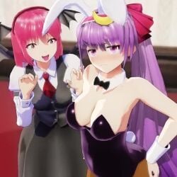 2girls animated big_breasts breast_awe breasts closed_mouth crescent crescent_hair_ornament earrings female_pervert frown groping_motion hair_ornament hand_on_own_hip head_wings jewelry jiggle koakuma large_breasts leotard long_hair looking_at_breasts looking_at_viewer mofumoko5 multiple_girls necktie necoi necoi5 no_sound open_mouth patchouli_knowledge pervert playboy_bunny ponytail purple_eyes purple_hair rabbit_ears rabbit_tail red_eyes red_hair smile succubus tongue tongue_out touhou video wings