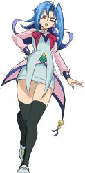 angry blue_hair clothing dntks edit female kamishiro_rio legwear long_hair looking_at_viewer looking_down medium_breasts open_mouth pose red_eyes rio_kamishiro solo surprised_expression thick_legs visible_panties visible_underwear white_background yu-gi-oh! yu-gi-oh!_zexal