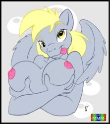 1girls breast_fondling breast_grab breast_squeeze breasts derp_eyes derpy_hooves derpy_hooves_(mlp) equine friendship_is_magic marmelmm my_little_pony pegasus sploot tongue_out wings