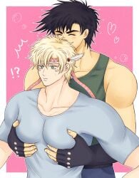 2boys battle_tendency caesar_zeppeli chest_grab duo gay jojo's_bizarre_adventure joseph_joestar male male/male male_only muscular_male yaoi