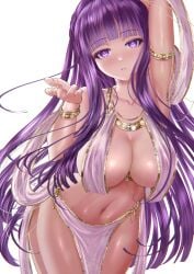 1girls belly_dancing blowing_kiss blunt_bangs breasts cleavage dancer female fern_(sousou_no_frieren) highres kein_hasegawa large_breasts long_hair looking_at_viewer navel pelvic_curtain purple_eyes purple_hair revealing_clothes sousou_no_frieren thighs very_long_hair voluptuous