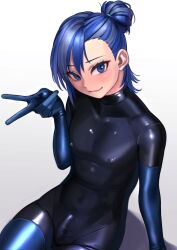 1boy absurdres arm_support blue_eyes blue_hair blush bodysuit collarbone covered_navel covered_nipples feminine from_above gloves hair_bun head_tilt highres kilye_kairi latex latex_bodysuit looking_up original penis shadow sitting skinny smile solo tsurime v white_background