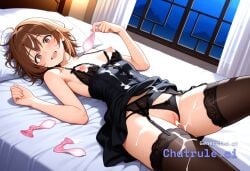 1girl after_sex ai_assisted ai_generated bare_shoulders bedroom black_lingerie black_stockings condom cum_covered cum_on_body cum_on_clothes cum_on_face filled_condom highres holding_used_condom laying_on_back laying_on_bed messy_hair night nipples on_back panties_aside pleasure shocked_eyes silvia_van_hossen small_breasts thick_cum tiny_tits white_curtains