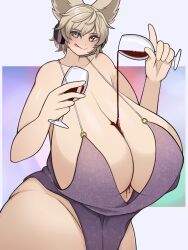 1girls big_breasts big_hands blonde_female blonde_hair blonde_hair_female blush breasts breasts_bigger_than_head comission dress female female_focus female_only huge_breasts pouring_wine short_hair small_dress small_head solo solo_female solo_focus thick_thighs thighs tongue_out tongue_sticking_out touhou touhou_project toyosatomimi_no_miko video_game_character wine wine_glass yokuaka2020