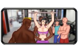 1girls 4boys barely_contained barely_contained_breasts big_breasts black_hair dark-skinned_male erection game_cg gym gym_clothes leggings lifting milf mother_ntr_training phone photo singsun66 topless_male touching_stomach training veiny_breasts yellow_eyes