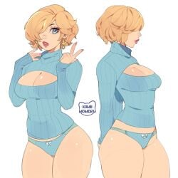 1girls alternate_costume alternate_hair_length alternate_hairstyle artist_logo artist_name big_breasts blonde_female blonde_hair blue_eyes blue_outfit blue_sweater bob_cut bobbed_hair boob_window boobwindow_sweater bow bow_panties breasts cleavage cleavage_cutout earrings female female_only fingernails hair hair_over_one_eye kamii_momoru lips lipstick long_fingernails long_nails mario_(series) multiple_views nails nintendo no_pants panties peace_sign pink_fingernails pink_lipstick pink_nails portrait princess princess_rosalina ribbon short_hair simple_background slim_waist solo standing star star_earrings sweater thick_thighs thighs thighs_together turtleneck turtleneck_sweater v white_background