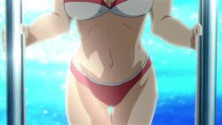 00s animated belly bikini breasts cleavage curvy female female_focus highres medium_breasts navel shiny_skin smile solo suzumiya_haruhi suzumiya_haruhi_no_yuuutsu swimsuit tagme video walking water wet