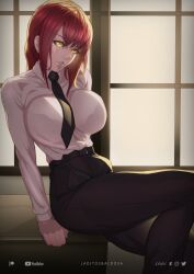 1girls big_breasts black_bra bra_visible_through_clothes chainsaw_man clothed clothing color dress_shirt female female_focus female_only hi_res laditosbaldosa large_breasts light-skinned_female light_skin long_hair looking_at_viewer makima_(chainsaw_man) red_hair sitting solo solo_female tagme thick_thighs white_shirt yellow_eyes