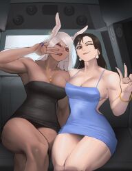 2girls birthday birthday_girl black_dress blue_dress boku_no_hero_academia brown_eyes bunny_ears capcom chun-li cleavage crossover dark-skinned_female dark_hair dark_skin earrings female female_only gold_bracelet gold_necklace human light-skinned_female light_skin limousine mirko miruko multiple_girls my_hero_academia painted_fingernails painted_nails purple_nails red_eyes rumi_usagiyama street_fighter thick_thighs thighs tight_clothing tight_dress white_hair zukululuu