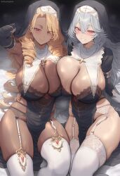 2girls ai_generated ai_love_higokko blonde_hair breasts chocolate_and_vanilla dark-skinned_female dark_skin female hi_res hips holaraai huge_breasts light-skinned_female light_skin long_hair naughty_face nun nun's_habit nun_outfit original original_character red_eyes thick_thighs thighs voluptuous white_hair wide_hips