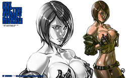 bare_shoulders belt blush bottomless breast_hold breasts brown_hair command_and_conquer female fingerless_gloves ganassa gloves grey_eyes navel nipples pubic_hair pussy renegade_(command_and_conquer) scar short_hair solo sydney_mobius tiberian_(series) wallpaper