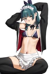 1girls alternate_version_available ambiguous_eye_color apron artoria_pendragon_(alter)_(cosplay) artoria_pendragon_(alter_swimsuit_rider)_(cosplay) artoria_pendragon_(alter_swimsuit_rider)_(second_ascension)_(cosplay) bikini black_bikini breasts choker commentary cosplay english_commentary fate/grand_order fate_(series) female female_only freckles frilled_bikini frilled_choker frills highres jacket kusuriya_no_hitorigoto looking_at_viewer maid maid_bikini maid_headdress maomao_(kusuriya_no_hitorigoto) navel open_clothes simple_background sitting small_breasts solo swimsuit thighhighs turquoise_hair unconventional_maid waist_apron waligner white_background