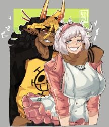 arm_around_neck big_breasts clenched_teeth clothed_sex dark-skinned_male dark_skin dreadlocks elphelt_valentine guilty_gear hand_around_neck heart horn horns implied_sex interracial kenz_(noodleshopkenz) large_breasts noodleshopkenz oc open_mouth open_smile pleasure_face ramenshopkenz spats sweat