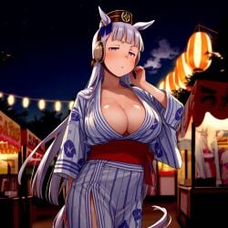 ai_generated animal_ears ear_muffs female gold_ship_(umamusume) horse_girl long_hair pink_eyes ribbon_in_hair silver_hair umamusume umamusume_pretty_derby yukata