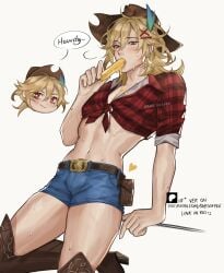 blonde_hair blonde_male blush blush_lines boots booty_shorts clothing cowboy_hat cowgirl_outfit earrings exposed_stomach eyelashes femboy genshin_impact hairclip hi_res highres human kaveh_(genshin_impact) long_eyelashes long_hair paid_reward_available pale_skin popsicle red_eyes shesofyee shorts sucking sucking_popsicle sweat sweatdrop sweating thick_thighs thin_waist tummy twink yaoi