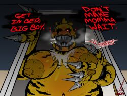 1girls anthro avian bbw big_breasts breasts dialogue fat female five_nights_at_freddy's five_nights_at_freddy's_4 huge_breasts nightmare_chica nightmare_chica_(fnaf) nipples overweight pierump sharp_teeth solo steamy_breath text