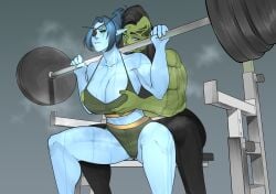 athletic athletic_female athletic_futanari barbell biceps black_hair blue_body blue_hair blue_skin boob_grab breast_grab breasts brothbowl catias elf elf_ears elf_female eye_patch face_tattoo fit fit_female fit_futanari fitness futa_on_female futanari grabbing_from_behind green_body green_skin gym gym_clothes gym_clothing muscles muscular_female night_elf night_elf_female orc orc_(warcraft) orc_futanari ponytail sports_bra spotting squatting sweating tattoo tattoos thighs working_out workout workout_clothes world_of_warcraft