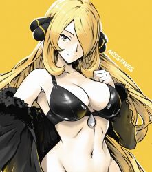 1girls arm_up artist_name bangs bangs_over_one_eye big_breasts bikini black_bra blonde_hair bra breasts coat cynthia_(pokemon) female forearms_at_chest fur_trim fur_trimmed_coat gray_eyes grey_eyes hair_accessory hair_bobbles hair_ornament hair_over_one_eye jacket jacket_off_shoulders leather_bra long_hair long_sleeves looking_at_viewer missfaves monochrome navel off_shoulder ornaments partially_nude pokemon pokemon_dppt sidelocks smile solo very_long_hair white_outline yellow_background yellow_eyes yellow_theme