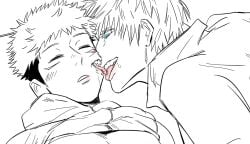 blue_eyes clothed clothed_male crazed_expression crazy_eyes diktdown itadori_yuuji jujutsu_kaisen possession ryoumen_sukuna_(jujutsu_kaisen) saliva satoru_gojo sleeping somnophilia teeth tongue_kiss yaoi