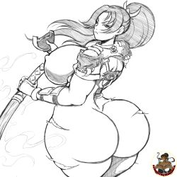 back_view big_ass big_breasts demonroyal fat_ass looking_at_viewer looking_back ninja ponytail ripped_clothing sketch soul_calibur sword taki