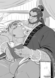 1boy bara bara_tits barazoku beard big_bulge bulge clothing facial_hair flaccid ganondorf ganondorf_(tears_of_the_kingdom) gerudo hairy huge_bulge male male_focus male_nipples male_only manly manomarino monochrome muscular_male nintendo nipples solo solo_male tears_of_the_kingdom the_legend_of_zelda tight_clothing yaoi