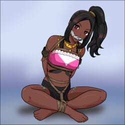 1girls accessory arms_behind_back bare_legs bare_midriff barefoot bike_shorts black_hair blue_background bondage bound bound_legs breasts crossed_legs dark-skinned_female dark_skin female female_only femsub fire_emblem fire_emblem_engage gag high_ponytail jewelry just_some_guy legs looking_at_viewer medium_hair midriff necklace nintendo ponytail red_eyes restrained rope rope_bondage shorts side_ponytail small_breasts solo star star-shaped_pupils star_(symbol) symbol-shaped_pupils timerra_(fire_emblem) very_dark_skin