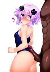 1boy ai_generated ass bare_shoulders blush breasts buttjob choujigen_game_neptune competition_school_swimsuit d-pad d-pad_hair_ornament dark-skinned_male dark_skin erection female hair_ornament heart interracial looking_at_viewer looking_back male_pubic_hair neptune_(neptunia) neptunia_(series) novelai one-piece_swimsuit penis pubic_hair purple_eyes purple_hair school_swimsuit short_hair simple_background small_breasts solo_focus straight swimsuit trembling uncensored white_background