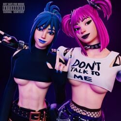 2girls 3d abs big_breasts black_lipstick blue_eyes blue_hair blue_lipstick brown_eyes crop_top drop_dee_(fortnite) fatterrocker fortnite fortnite:_battle_royale hope_(fortnite) painted_nails pink_hair underboob white_skin