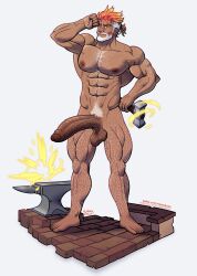 1boy balls bara beard big_penis boner erection facial_hair foreskin gijinka looking_at_viewer male male_only muscles muscular muscular_male nintendo nude one_eye_closed penis pokemon slither_wing solo solo_male sweat sweating uncut wererdraws white_hair