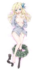 aqua_eyes bare_shoulders barefoot black_socks blonde_hair blush boku_wa_tomodachi_ga_sukunai breasts butterfly_hair_ornament cardigan closed_mouth clothes_pull collarbone covering_breasts covering_one_breast covering_privates curly_hair dakimakura_(medium) feet female full_body green_skirt grey_cardigan hair_ornament highres knee_socks kneehighs kneesocks large_breasts long_hair looking_at_viewer lying oerba_yun_fang official_art on_back open_cardigan open_clothes open_mouth open_shirt partially_unbuttoned plaid plaid_skirt pleated_skirt pointing pointing_at_self school_uniform sena_kashiwazaki shirt single_sock skirt skirt_pull socks solo st._chronica_academy_school_uniform thighs watanabe_yoshihiro white_background white_shirt