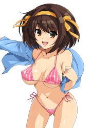 bikini blush breasts brown_eyes brown_hair cleavage collarbone covered_erect_nipples female gluteal_fold hairband haruhisky highres jacket large_breasts looking_at_viewer navel open_mouth pink_bikini shiny_skin side-tie_bikini_bottom simple_background smile solo string_bikini striped_bikini striped_clothes suzumiya_haruhi suzumiya_haruhi_no_yuuutsu swimsuit thigh_gap underboob vertical-striped_bikini vertical-striped_clothes white_background