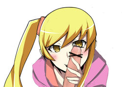 bakemonogatari blush female kiss-shot_acerola-orion_heart-under-blade masturbation monogatari_(series) oshino_shinobu penis penis_grab ponytail tagme vampire yellow_eyes