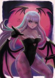 1girls bat_print black_leotard breasts cosplay danganronpa darkstalkers gloves head_wings highleg highleg_leotard kirigiri_kyouko large_breasts leotard long_hair looking_at_viewer missarilicious morrigan_aensland morrigan_aensland_(cosplay) pantyhose purple_eyes purple_hair wings