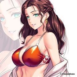 alternate_costume artist_name bare_shoulders bikini breasts brown_hair cleavage collarbone dorothea_arnault earrings etchimune female female_only fire_emblem fire_emblem:_three_houses fire_emblem_warriors:_three_hopes green_eyes grin jewelry large_breasts long_hair looking_at_viewer nintendo parted_lips red_bikini red_swimsuit smile solo swimsuit teeth twitter_logo twitter_username white_background