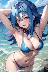 abdomen ai_(artist) beach_background bikini blue_hair blush female hi_res kamishiro_rio large_breasts long_hair looking_at_viewer navel pose rio_kamishiro smile solo summer sweatdrop thick_thighs water_drop yu-gi-oh! yu-gi-oh!_zexal