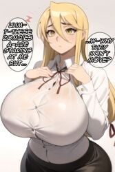 1girls ai_generated blonde_hair blush blushing confused daidouji_(artist) daidoujipv front_view gesture gigantic_breasts highschool_of_the_dead large_breasts long_hair looking_at_viewer nervous shizuka_marikawa submissive_pose tagme text text_bubble yellow_eyes