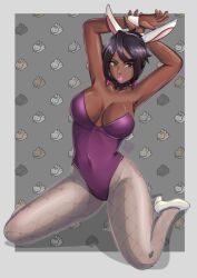 1girls big_breasts black_eyes black_hair breasts bunny_ears bunnysuit cleavage ear_piercing earrings fake_animal_ears female female_only footwear game_freak hair headwear heels high_heels huge_breasts leggings legs legwear lips lipstick mature mature_female mature_woman olivia_(pokemon) pink_lips pink_lipstick pokemon pokemon_sm purple_bunnysuit rinku_bny short_hair solo solo_female thick_thighs thighs