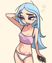 1girls andrea_davenport arm_behind_head arm_up blue_hair brown_eyes disney disney_channel eyeshadow female freckles holding_object long_hair n___k___m panties partially_clothed phone solo solo_female tank_top tear the_ghost_and_molly_mcgee