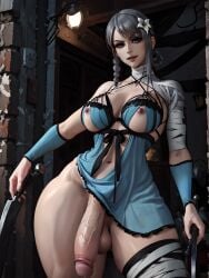 1futa ai_generated bandaged_arm bandaged_leg big_penis blue_eyes dickgirl erect_penis erection flower_in_hair futa_only futa_sans_pussy futanari grey_hair huge_cock kaine_(nier) negligee nier_(series) nier_replicant nipples solo solo_futa stable_diffusion testicles veritai wide_hips