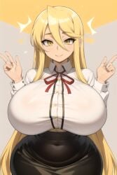 1girls ai_generated blonde_hair daidouji_(artist) daidoujipv front_view gesture gigantic_breasts highschool_of_the_dead large_breasts long_hair looking_at_viewer shizuka_marikawa smile submissive_pose tagme yellow_eyes