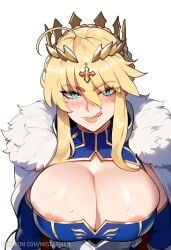 1girls ai_generated areolae artoria_pendragon artoria_pendragon_(lancer) big_breasts blonde_hair blush breasts busty cleavage clothed clothed_female clothing fate/grand_order fate_(series) female huge_breasts large_breasts mistarman thiccwithaq_(ai_style) voluptuous