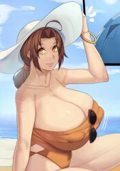 alternate_breast_size beach big_breasts bikini brown_hair curvy curvy_female delia_ketchum_(pokemon) metal_owl milf pokemon