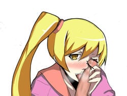 bakemonogatari blush female kiss-shot_acerola-orion_heart-under-blade monogatari_(series) oshino_shinobu penis penis_on_face ponytail tagme vampire yellow_eyes