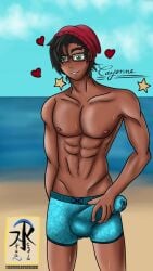 1boy 2022 abs aqua_regia_arts artist_name beach black_hair cap cayenne_(aqua_regia_arts) dark-skinned_male erection erection_under_clothes glasses green_eyes magazine_cover male_only original_character pecs pokemon precum skinny solo_male sweat sweatdrop underwear watermark