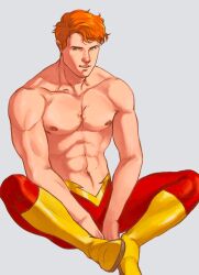 1boy beefcake dc_comics male muscular_male pants pants_on red_hair scar scar_on_chest shirtless shirtless_male sitting wally_west